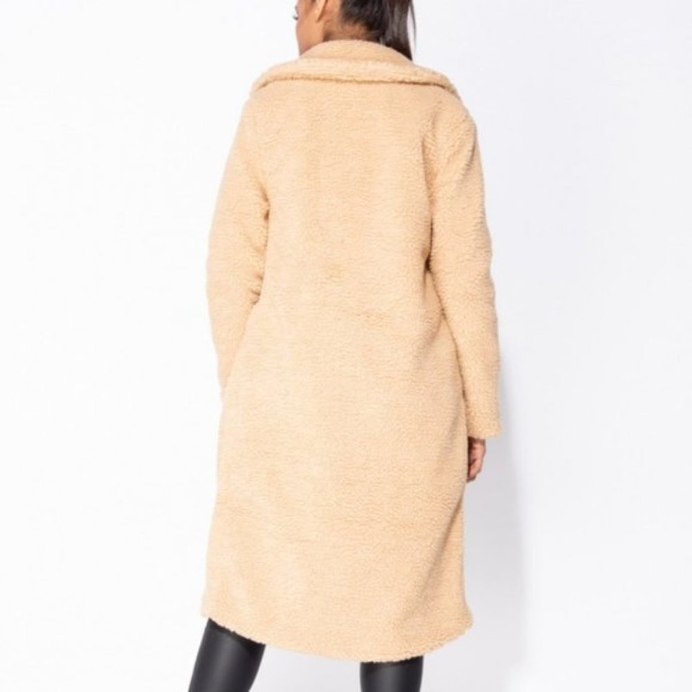 Camel Long Sleeve Loose Fit Double Breasted Long Maxi Teddy Bear Fur Coat - Picture 8 of 12